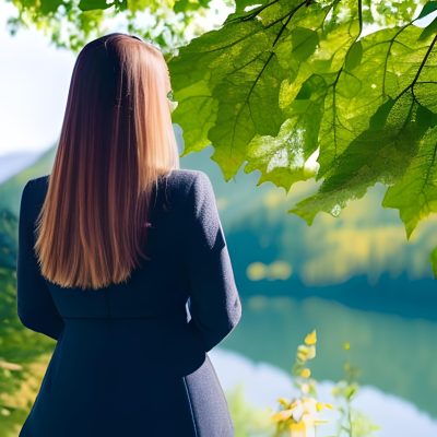 Emma est une jeune femme moderne d'une vingtaine d'années, curieuse, et souriante. Elle aime faire de la photo dans la nature. sur l'image on la voit de de dos.