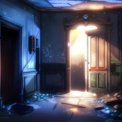 c'est une porte, qui se trouve dans un bâtiment abandonné, délabré, de nuit.